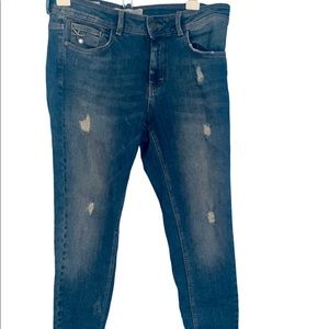 Zara Distressed Raw Hem Jeans Pearl Rhinestone Pin Rare Size US 10